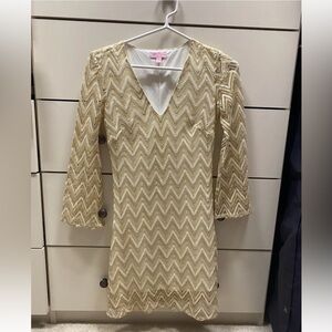 Lilly Pulitzer Shimmer Gold Beige Chevron Dress Size XS